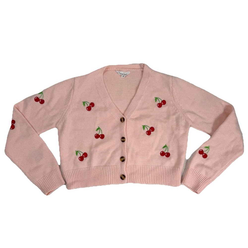 Women's Pink Cropped 90s Y2K Inspired Cardigan Embroidered Cherries‎ Size Medium